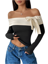 Load image into Gallery viewer, Esther Bow Contrast Off-Shoulder Long Sleeve Top