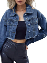 Load image into Gallery viewer, Novael Distressed Raw Hem Collared Neck Long Sleeve Denim Top