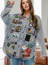 Load image into Gallery viewer, Flare Embroidered Patch Button Up Long Sleeve Denim Jacket