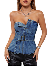 Load image into Gallery viewer, Kourtney Buttoned Raw Hem Tube Denim Top