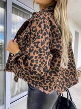 Load image into Gallery viewer, Luriah Raw Hem Leopard Collared Neck Denim Jacket
