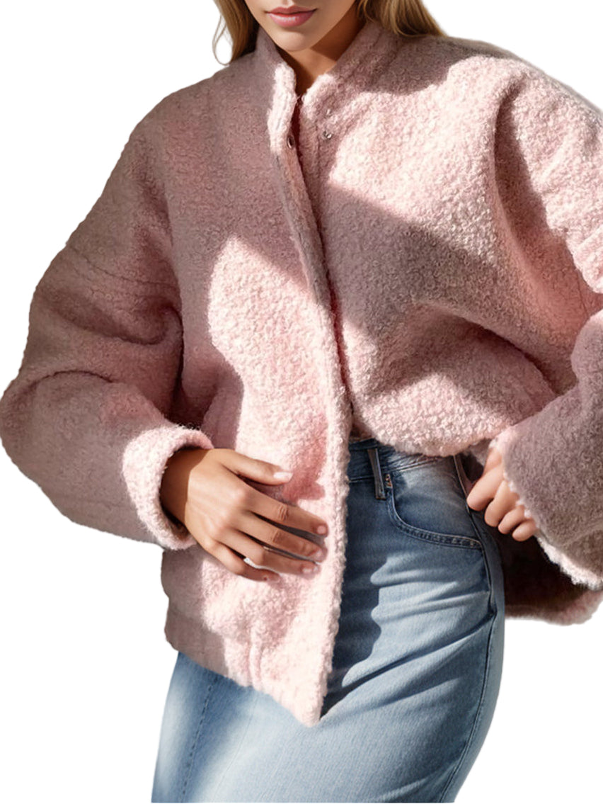 Solven Plush Mock Neck Snap Down Jacket with Pockets