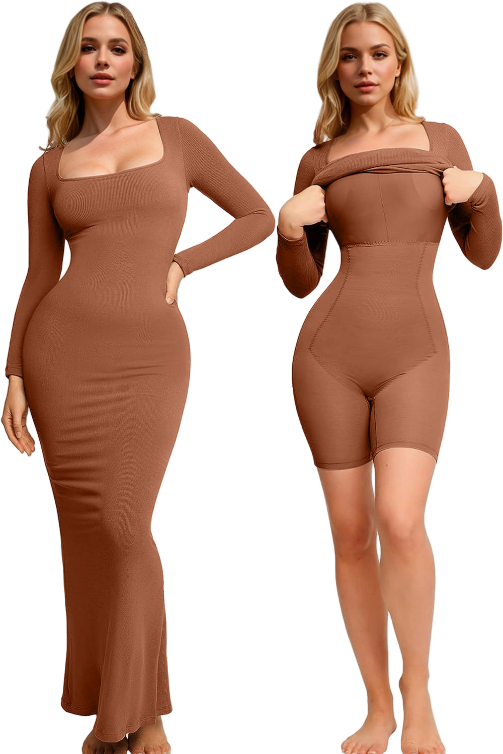 Body Baby Built-In Shapewear Square Neck Long Sleeve Maxi Dress