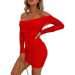 Miley Glitter Mesh Off-Shoulder Ruched Mini Dress