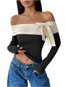 Esther Bow Contrast Off-Shoulder Long Sleeve Top