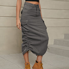 Load image into Gallery viewer, Keller Drawstring Ruched Slit Denim Midi Skirt
