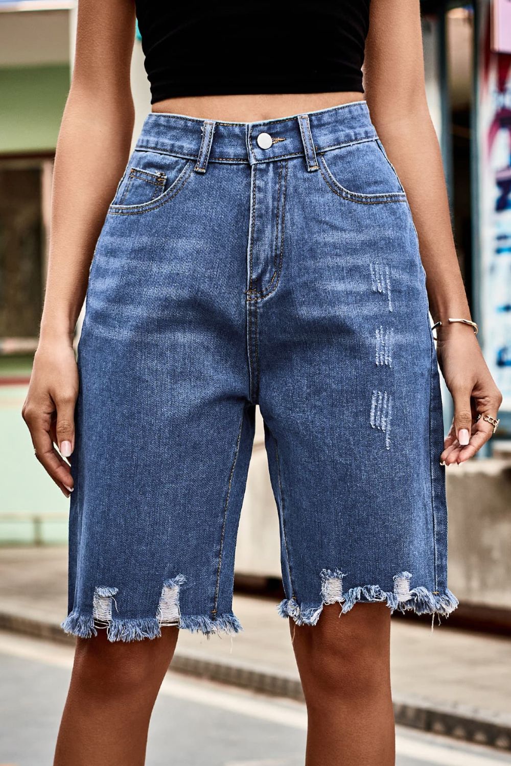 Sloane Raw Hem High Waist Denim Shorts with Pockets