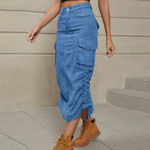 Load image into Gallery viewer, Keller Drawstring Ruched Slit Denim Midi Skirt
