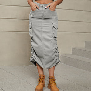 Keller Drawstring Ruched Slit Denim Midi Skirt