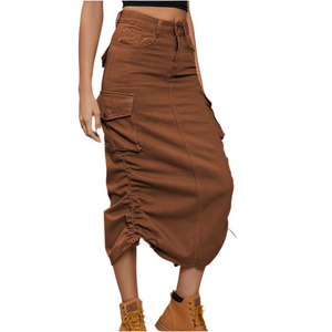 Keller Drawstring Ruched Slit Denim Midi Skirt