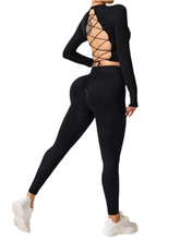 Load image into Gallery viewer, Spice Lace-Up Back Round Neck Top and Leggings Active Set
