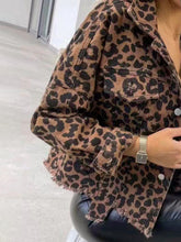 Load image into Gallery viewer, Luriah Raw Hem Leopard Collared Neck Denim Jacket
