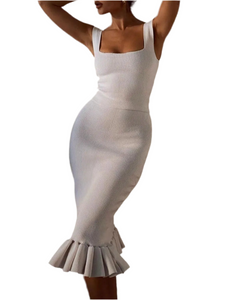 Demi Ribbed Knit Bodycon Midi Dress with Ruffle Hem