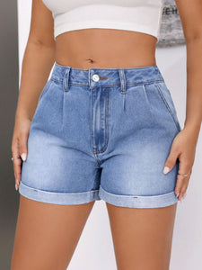 Luisa Rolled Hem Mid-Rise Waist Denim Shorts