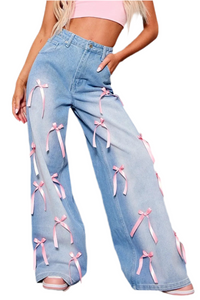 Bliss Bow Decorated Wide Leg Denim Jeans