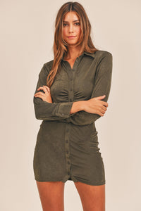 Cameron Front Ruched Button-Down Skinny Mini Shirt Dress