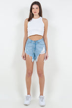 Load image into Gallery viewer, Rue High Waist Fringed Hem Denim Shorts
