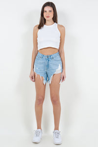 Rue High Waist Fringed Hem Denim Shorts