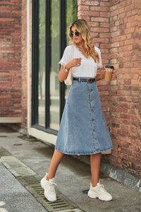 Dame Button Front A-Line Denim Skirt