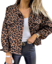 Load image into Gallery viewer, Luriah Raw Hem Leopard Collared Neck Denim Jacket
