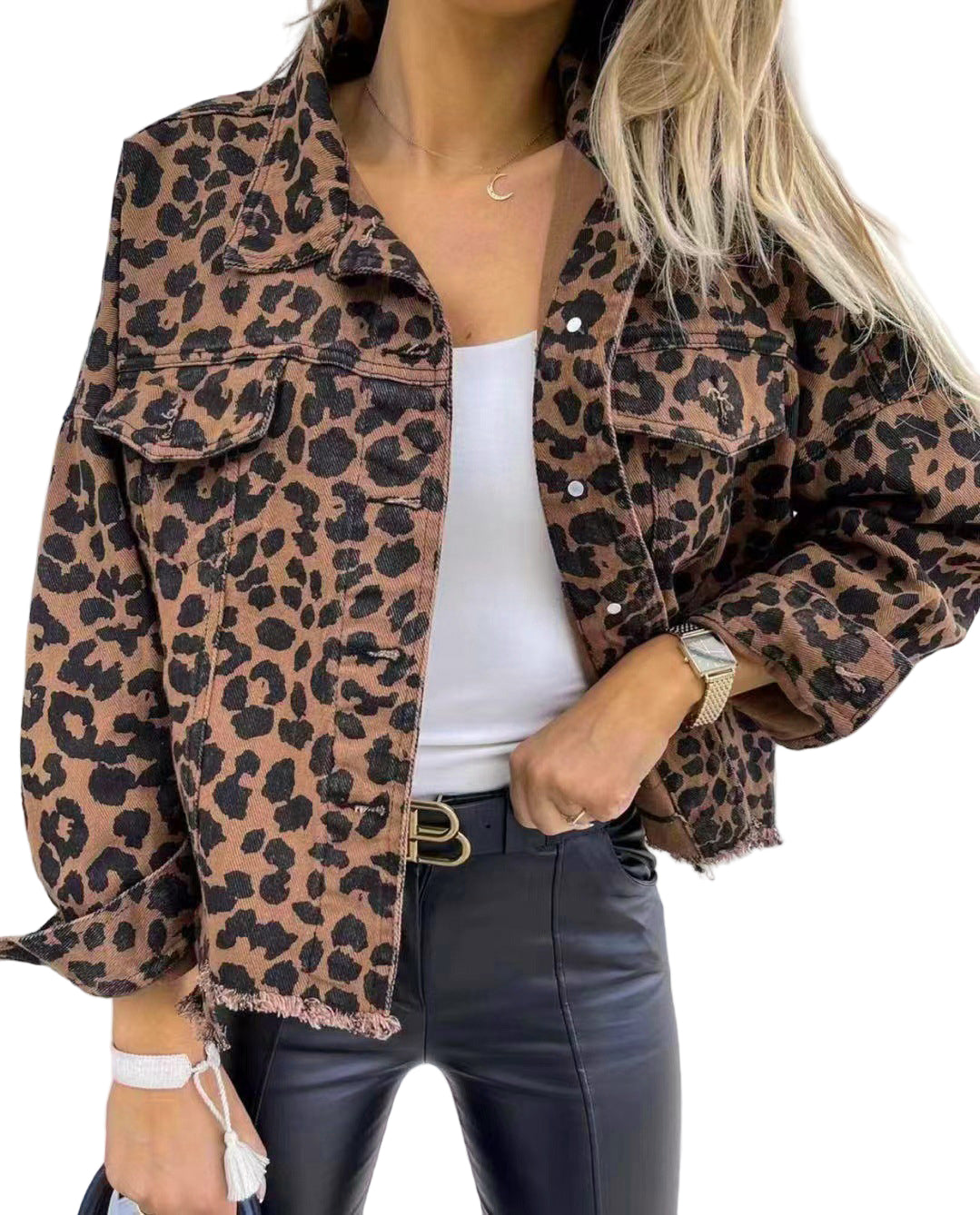 Luriah Raw Hem Leopard Collared Neck Denim Jacket