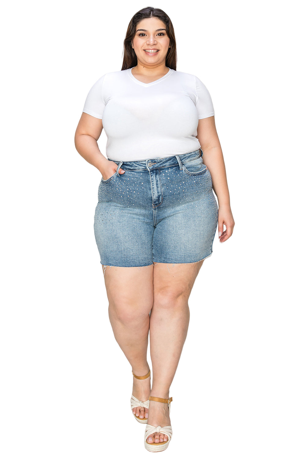 Isabel Full Size High Waist Rhinestone Decor Denim Shorts