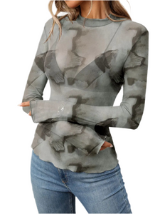 Rena Printed Mock Neck Long Sleeve Mesh T-Shirt