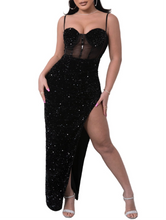 Load image into Gallery viewer, Kim Sequin Spliced Mesh Adjustable Strap Dress
