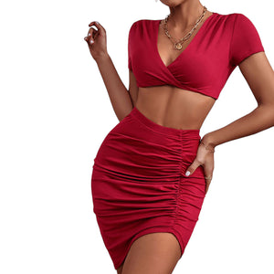 Eliza Twisted Deep V Cropped Top and Ruched Skirt Set