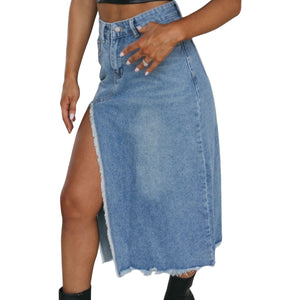 Isla Raw Hem Slit Denim Skirt with Pockets