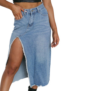 Isla Raw Hem Slit Denim Skirt with Pockets