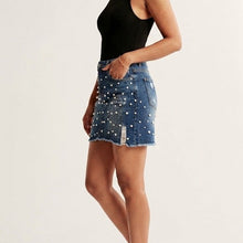 Load image into Gallery viewer, Zafira Plus Size Pearl Embellished Denim Skirt
