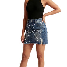 Load image into Gallery viewer, Zafira Plus Size Pearl Embellished Denim Skirt
