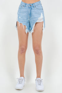 Rue High Waist Fringed Hem Denim Shorts