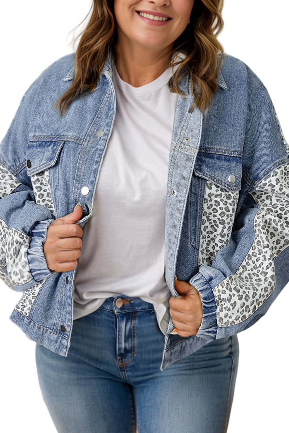 Novellie Plus Size Leopard Long Sleeve Denim Jacket