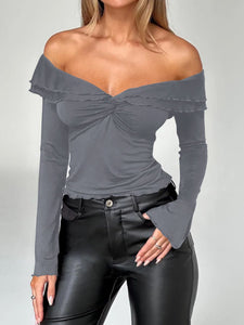 Luna Twisted Ruffled Off-Shoulder Long Sleeve T-Shirt