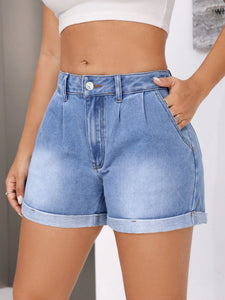 Luisa Rolled Hem Mid-Rise Waist Denim Shorts