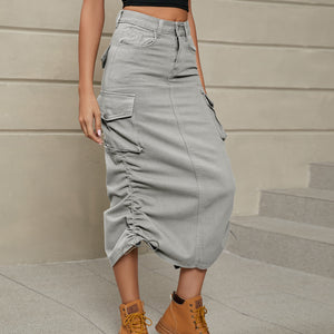 Keller Drawstring Ruched Slit Denim Midi Skirt