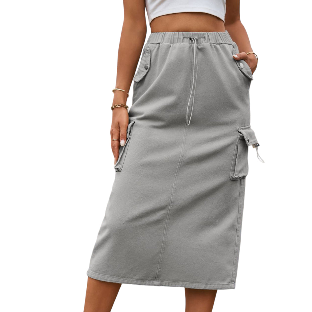 Drawstring Waist Slit Denim Skirt