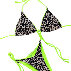 Neon Leopard Print Halter Neck Tie Side Bikini Set