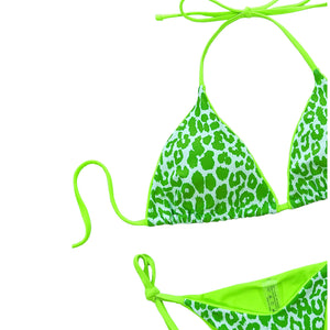 Neon Leopard Print Halter Neck Tie Side Bikini Set