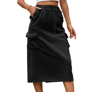 Drawstring Waist Slit Denim Skirt