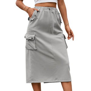 Drawstring Waist Slit Denim Skirt