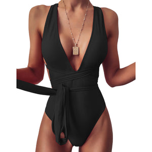 Laguna Halter Neck Deep V Tied One-Piece Swimsuit